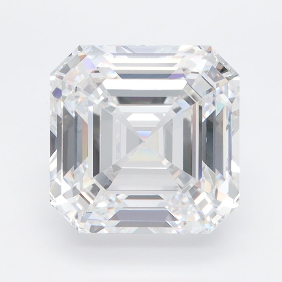 4.09-carat asscher diamond with D color, null cut, and VVS2 clarity.