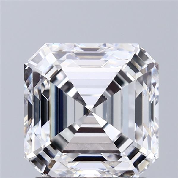 2.03-carat asscher diamond with E color, null cut, and VVS2 clarity.