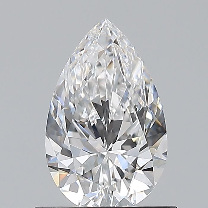 0.74-carat pear diamond with D color, null cut, and VVS2 clarity.