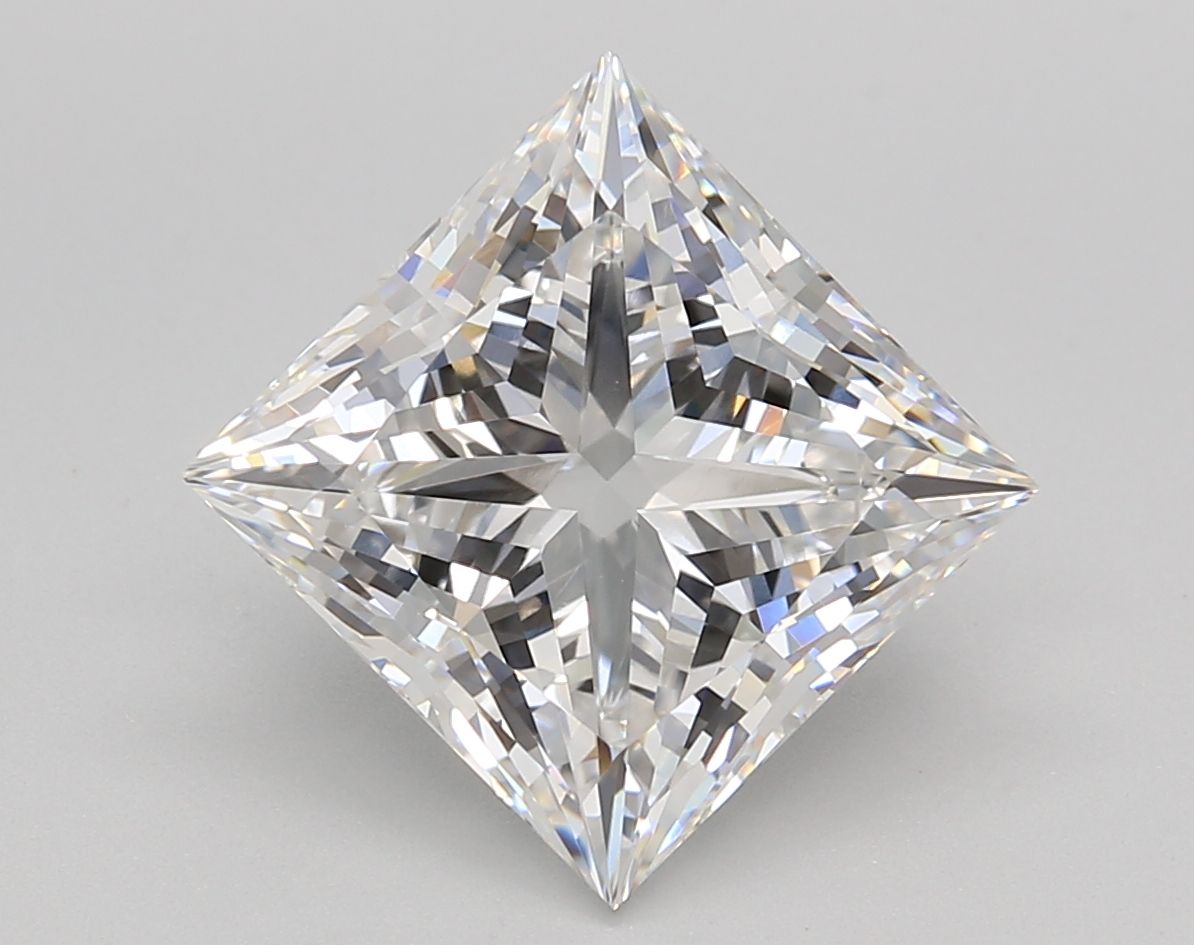 5.02-carat princess diamond with E color, null cut, and VVS2 clarity.