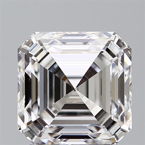 2.05-carat asscher diamond with E color, null cut, and VS1 clarity.