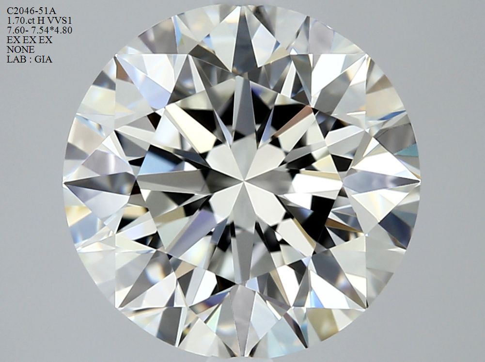 Diamant Rond 1.70 ct - Couleur H - Pureté VVS1